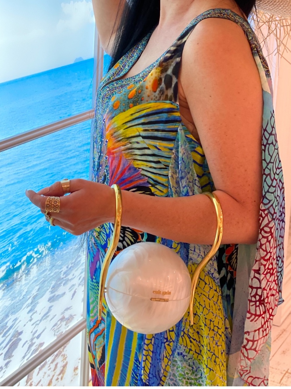 Cult Gaia Pearl Acrylic Sphere Clutch Gold Sculptural Handle Statement Bag NEW